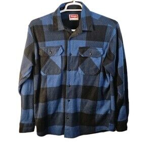 WRANGLER Premium Quality Flannel Men's Medium Fleece Blue Plaid Button Up